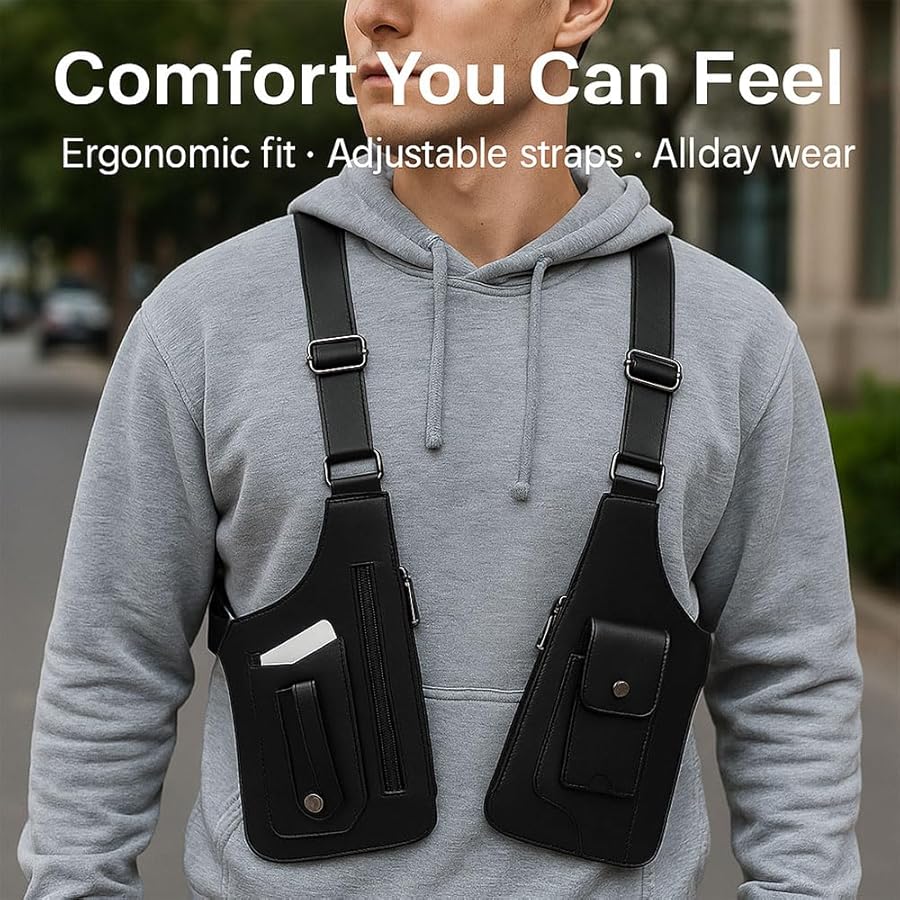 Premium Leather Underarm Shoulder Bag for Men Adjustable Hidden Double Shoulder Armpit Bag Anti Pickpocket Travel Accessories